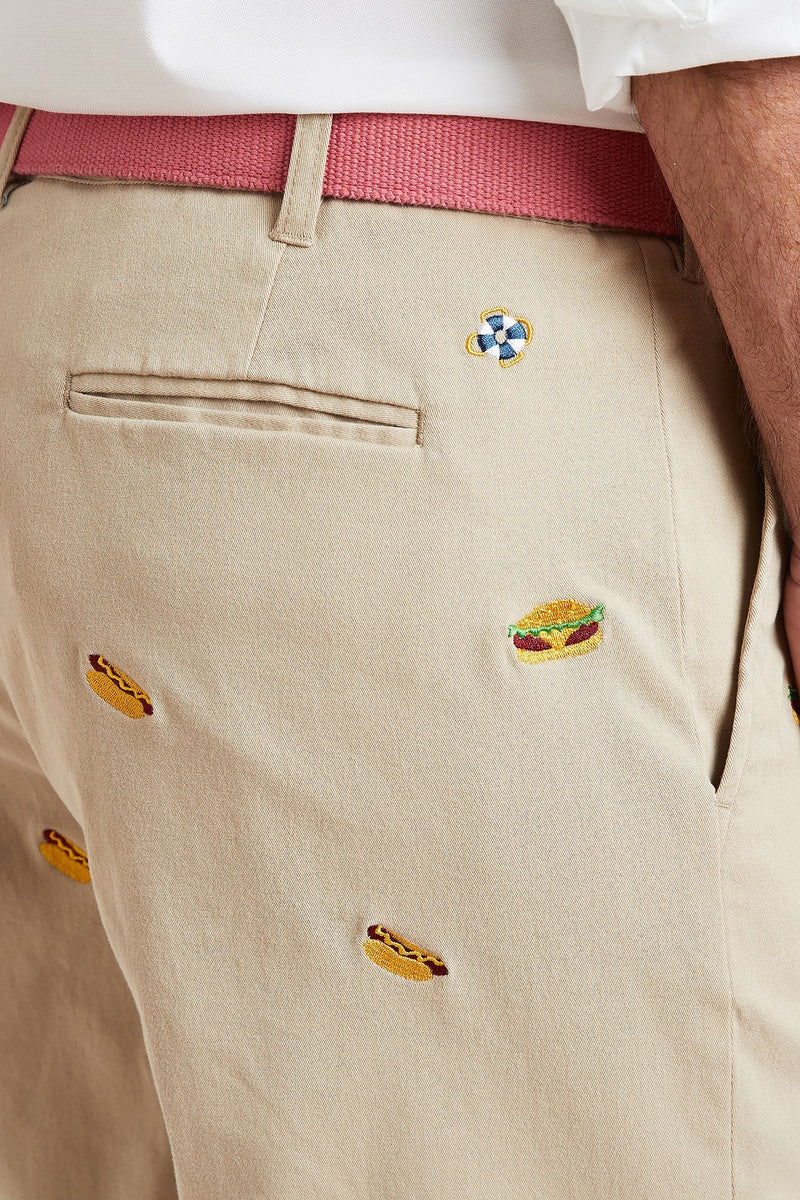 Cisco Short Stretch Twill Khaki with Hamburger & Hotdog MENS EMBROIDERED SHORTS Castaway Nantucket Island