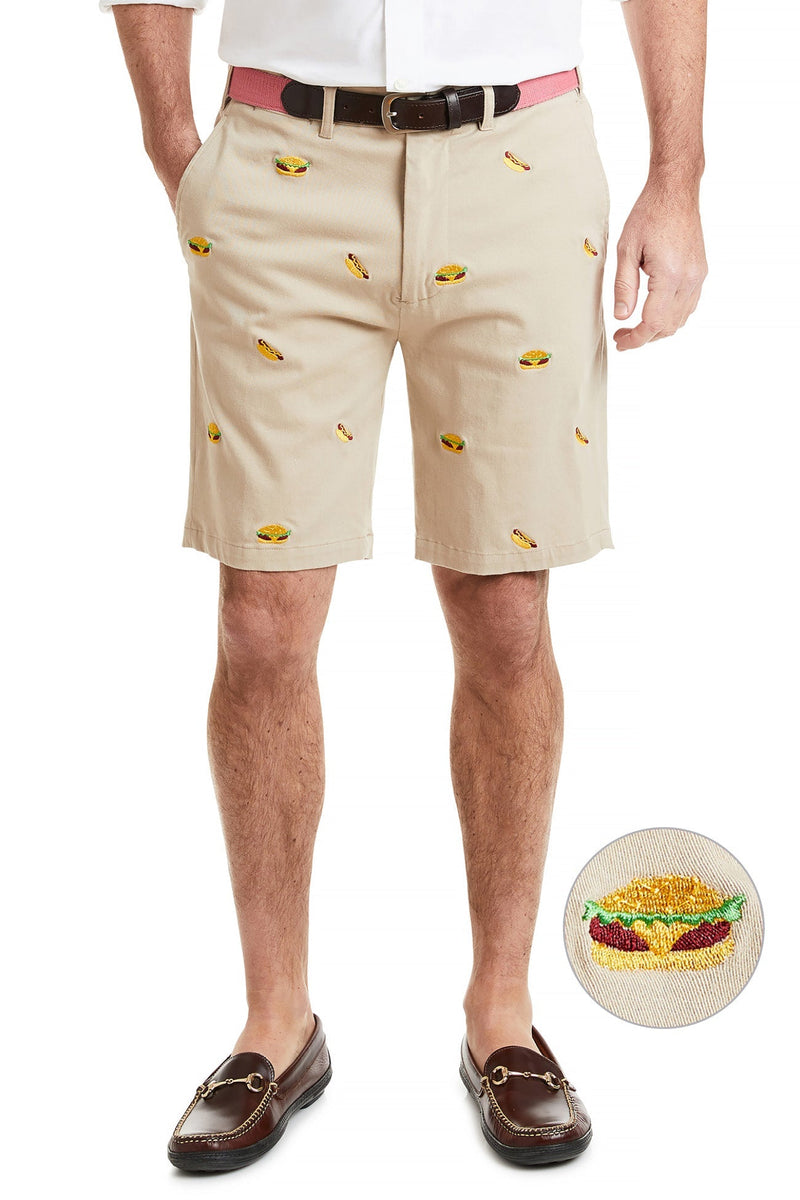 Cisco Short Stretch Twill Khaki with Hamburger & Hotdog MENS EMBROIDERED SHORTS Castaway Nantucket Island