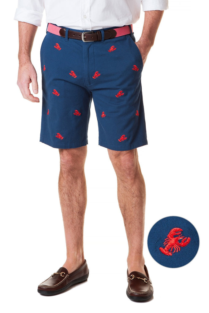 Castaway Mens Embroidered Short Stretch Twill Navy With Lobster Castaway Nantucket Island