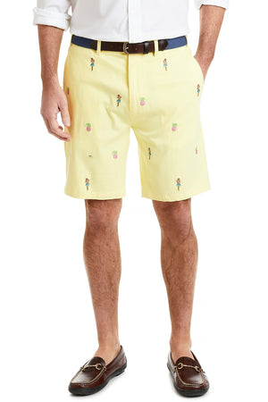 Cisco Short Stretch Twill Neon Yellow with Hula Girl & Pineapple MENS EMBROIDERED SHORTS Castaway Nantucket Island