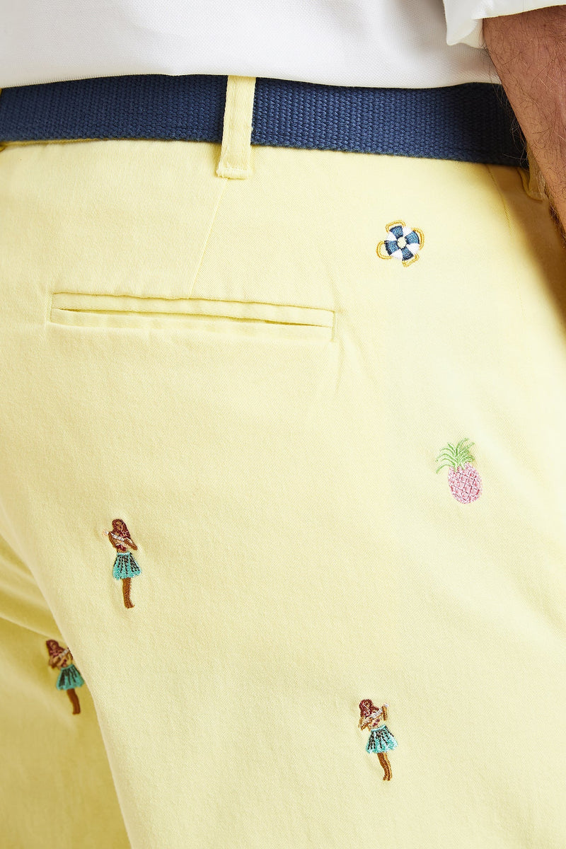Cisco Short Stretch Twill Neon Yellow with Hula Girl & Pineapple MENS EMBROIDERED SHORTS Castaway Nantucket Island