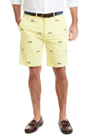 Cisco Short Stretch Twill Neon Yellow with Woody with Surfboard MENS EMBROIDERED SHORTS Castaway Nantucket Island