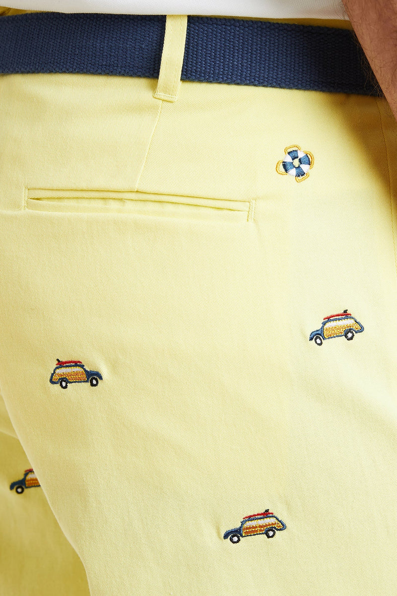 Cisco Short Stretch Twill Neon Yellow with Woody with Surfboard MENS EMBROIDERED SHORTS Castaway Nantucket Island