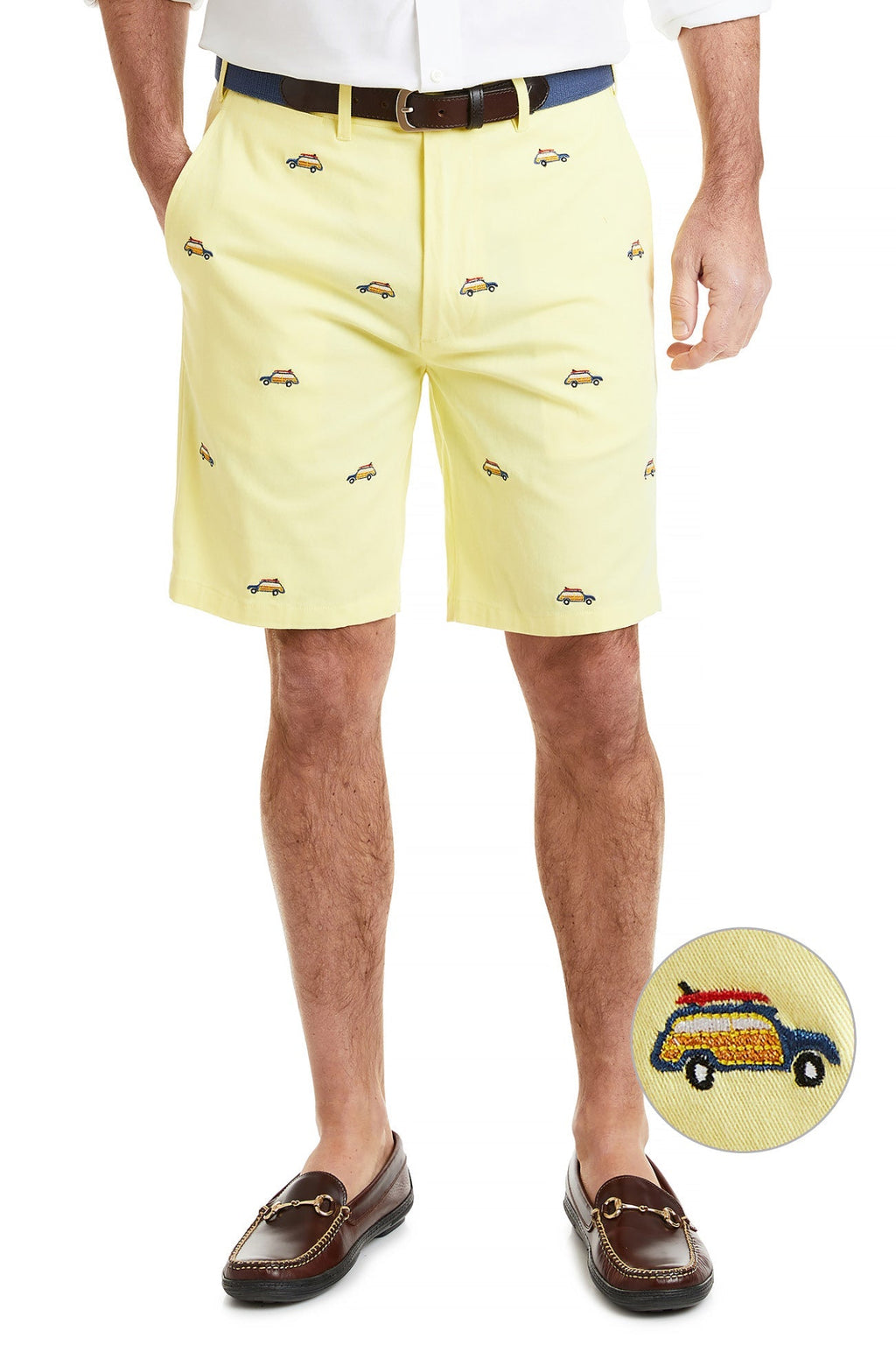 Cisco Short Stretch Twill Neon Yellow with Woody with Surfboard MENS EMBROIDERED SHORTS Castaway Nantucket Island