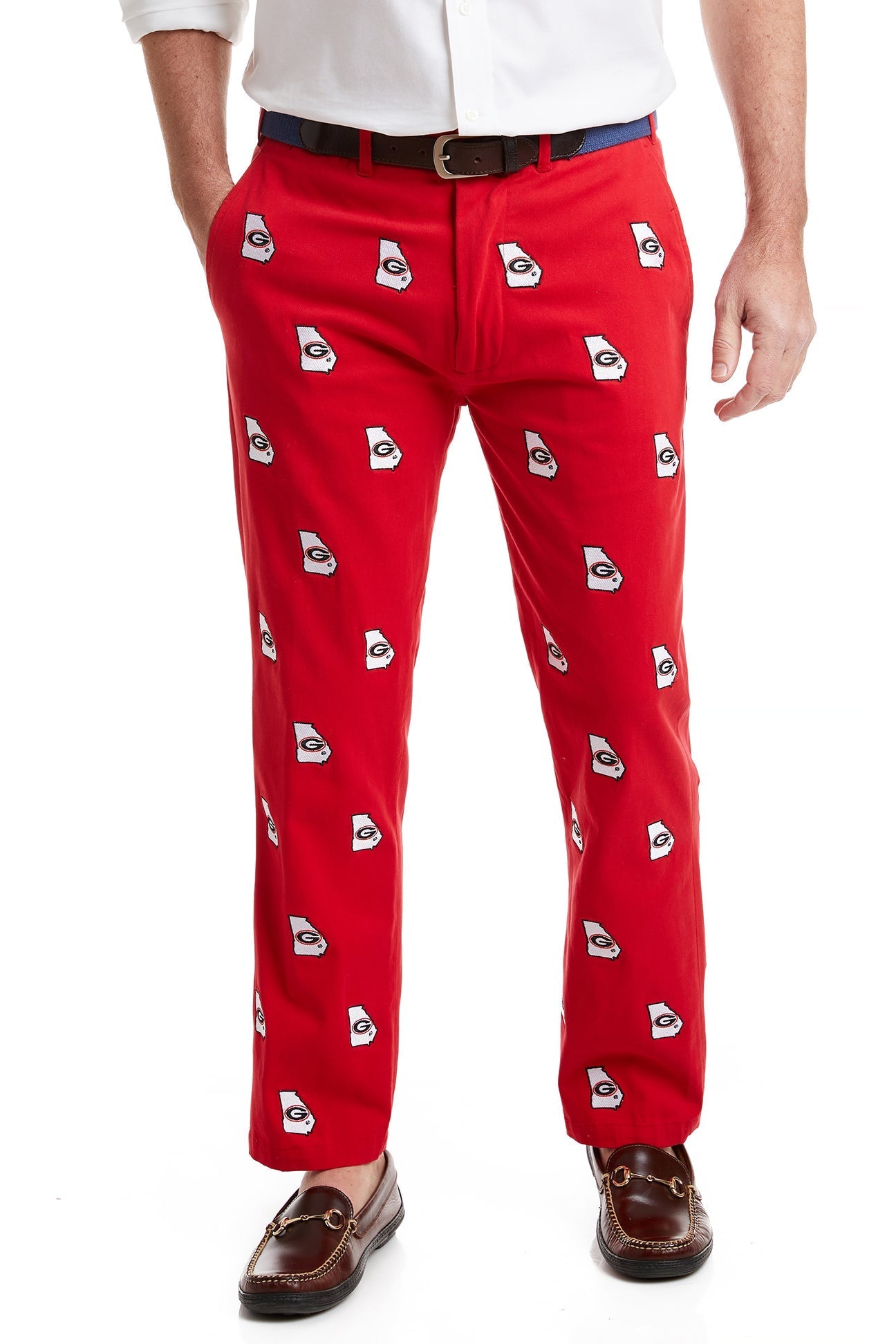 Collegiate Stretch Twill Pant Bulldog Red with UGA MENS EMBROIDERED PANTS Castaway Nantucket Island