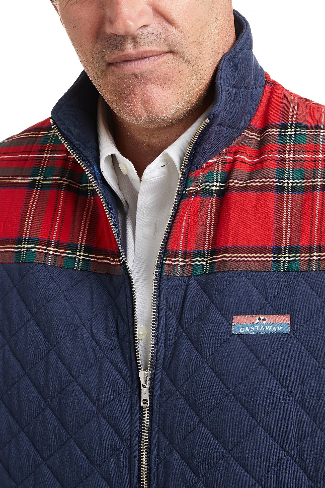 Cross Rip Quilted Vest Nantucket Navy with Royal Stewart Trim MENS OUTERWEAR Castaway Nantucket Island