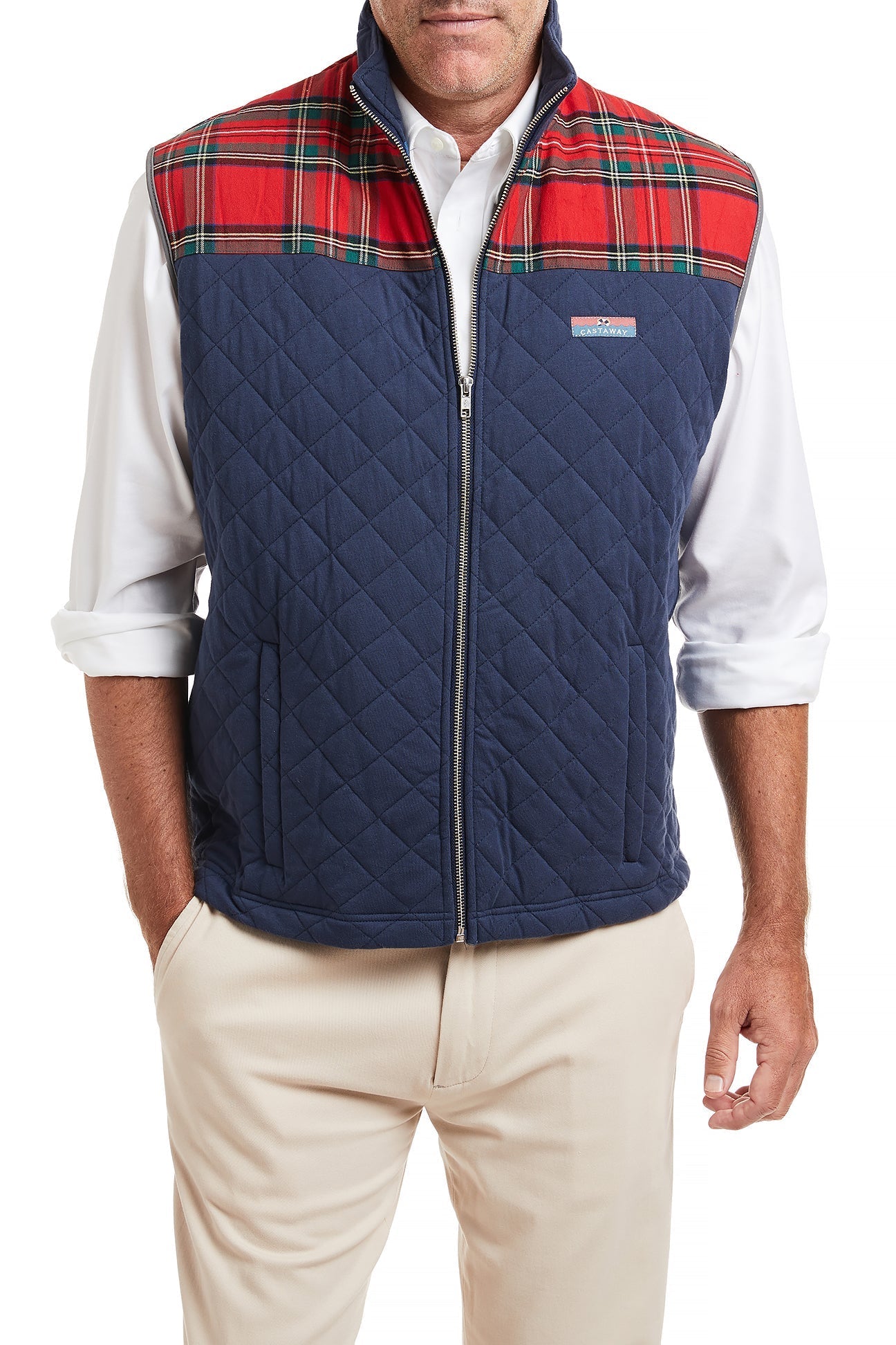 Cross Rip Quilted Vest Nantucket Navy with Royal Stewart Trim MENS OUTERWEAR Castaway Nantucket Island