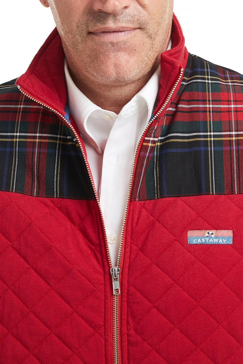 Cross Rip Quilted Vest Regatta Red with Black Stewart Tartan Trim MENS OUTERWEAR Castaway Nantucket Island