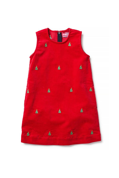 Girls Shift Dress Corduroy Crimson with Christmas Tree - Castaway Nantucket Island