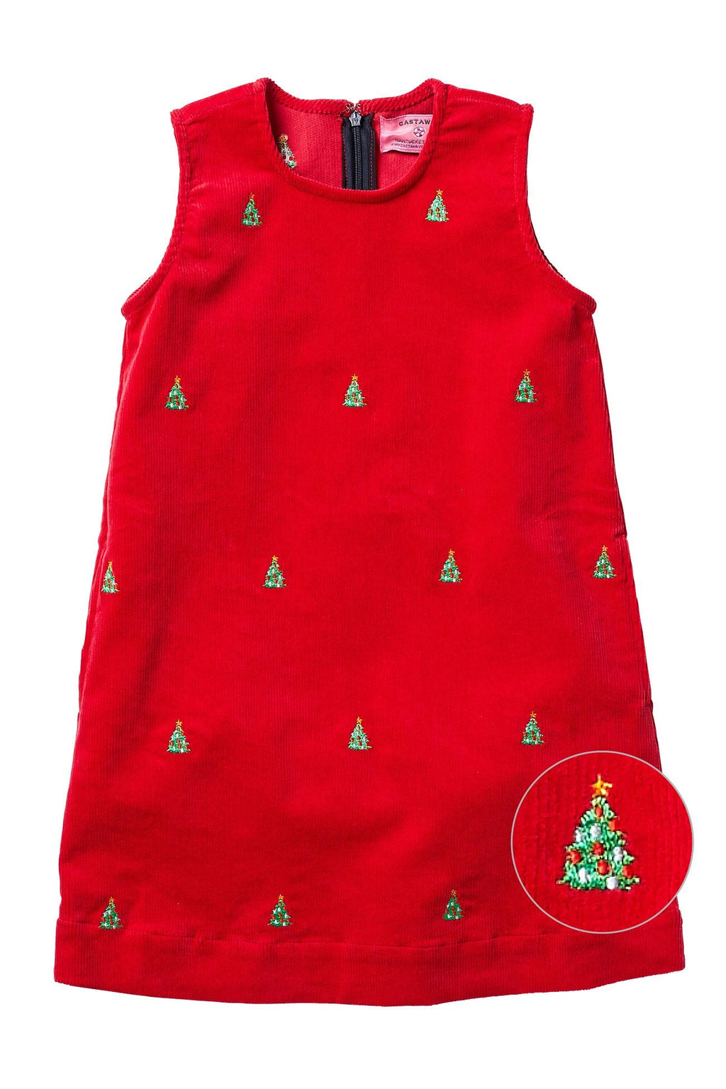Girls Shift Dress Corduroy Crimson with Christmas Tree - Castaway Nantucket Island