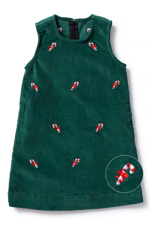 Girls Shift Dress Corduroy Hunter with Candy Cane - GIRLS DRESSES - Castaway Nantucket Island
