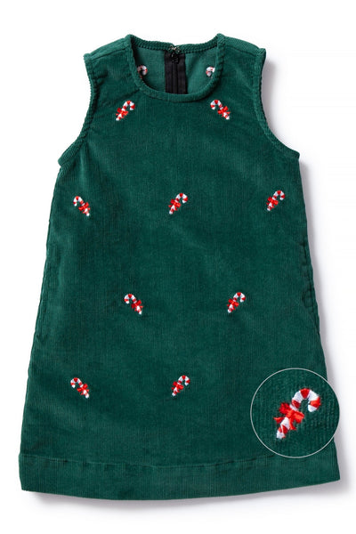 Girls Shift Dress Corduroy Hunter with Candy Cane - GIRLS DRESSES - Castaway Nantucket Island