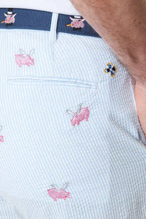 Harbor Pant Blue Seersucker with Flying Pig - ARCHIVED - Castaway Nantucket Island