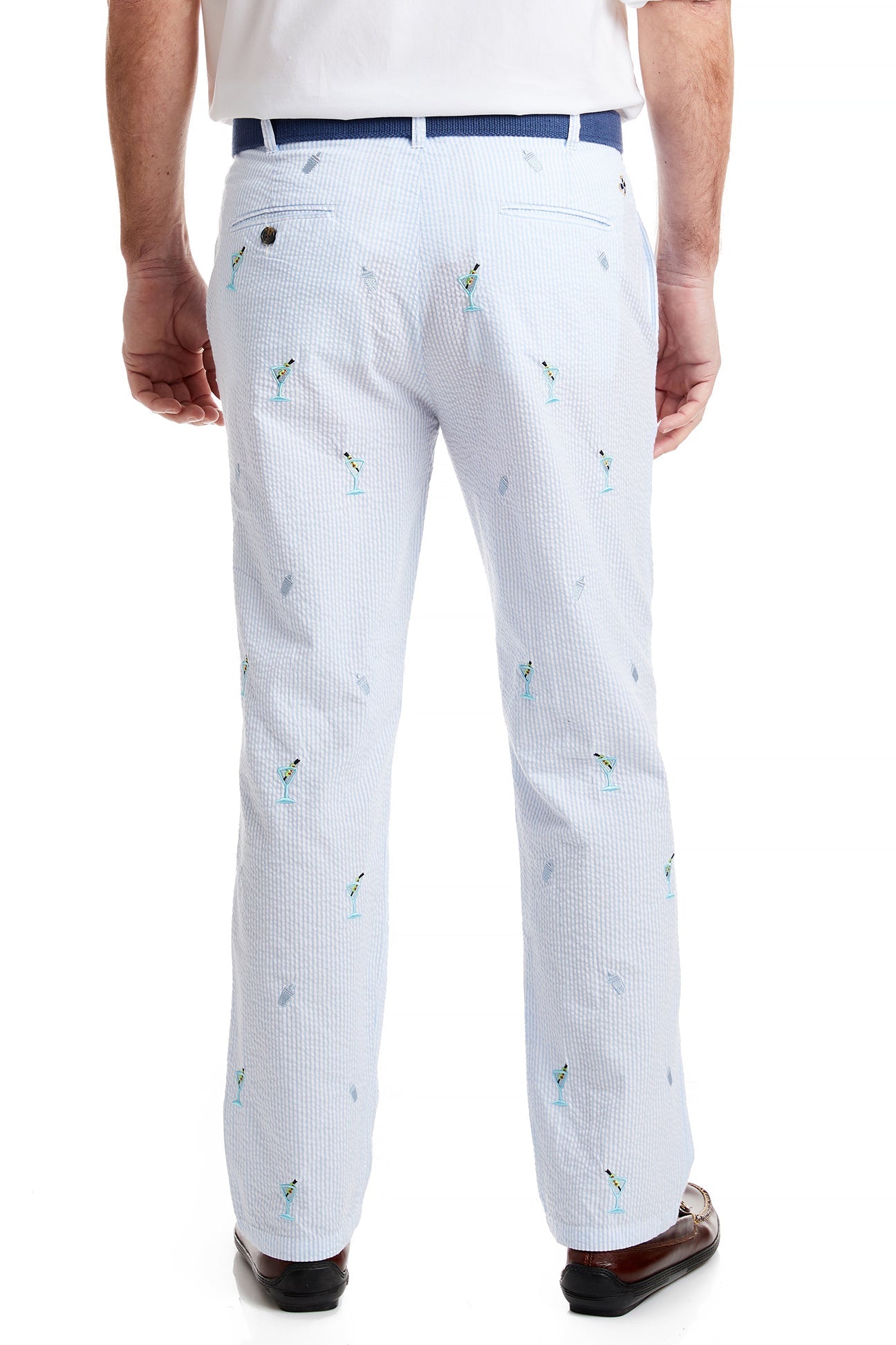 Harbor Pant Blue Seersucker with Martini and Shaker MENS EMBROIDERED PANTS Castaway Nantucket Island