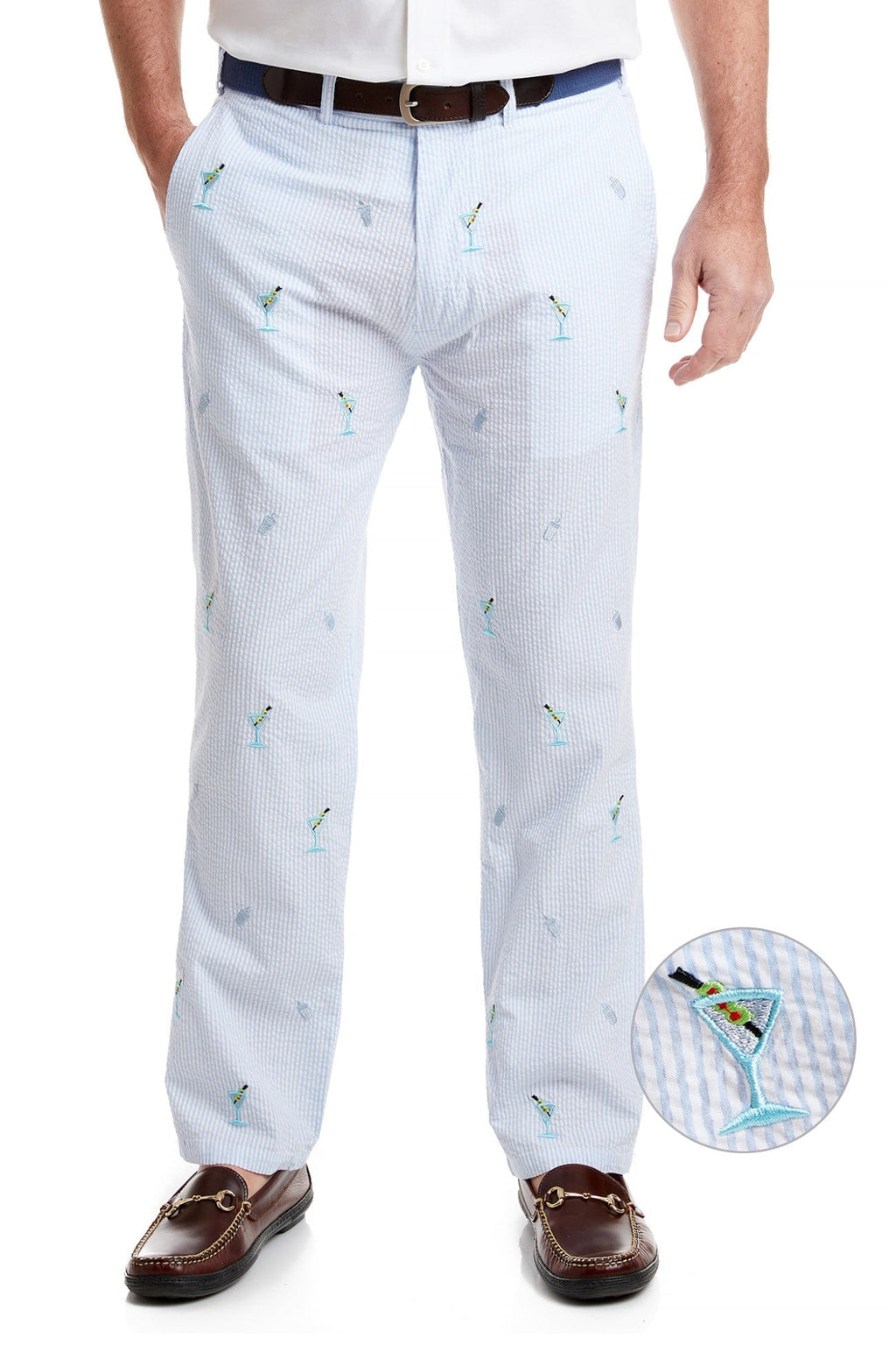 Harbor Pant Blue Seersucker with Martini and Shaker MENS EMBROIDERED PANTS Castaway Nantucket Island