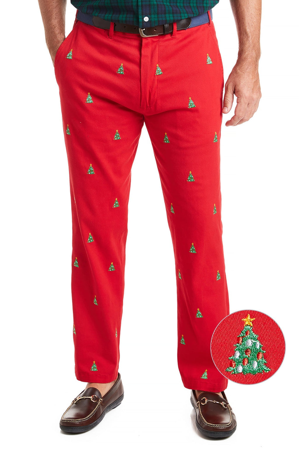Harbor Pant Stretch Twill Bright Red with Christmas Tree MENS EMBROIDERED PANTS Castaway Nantucket Island