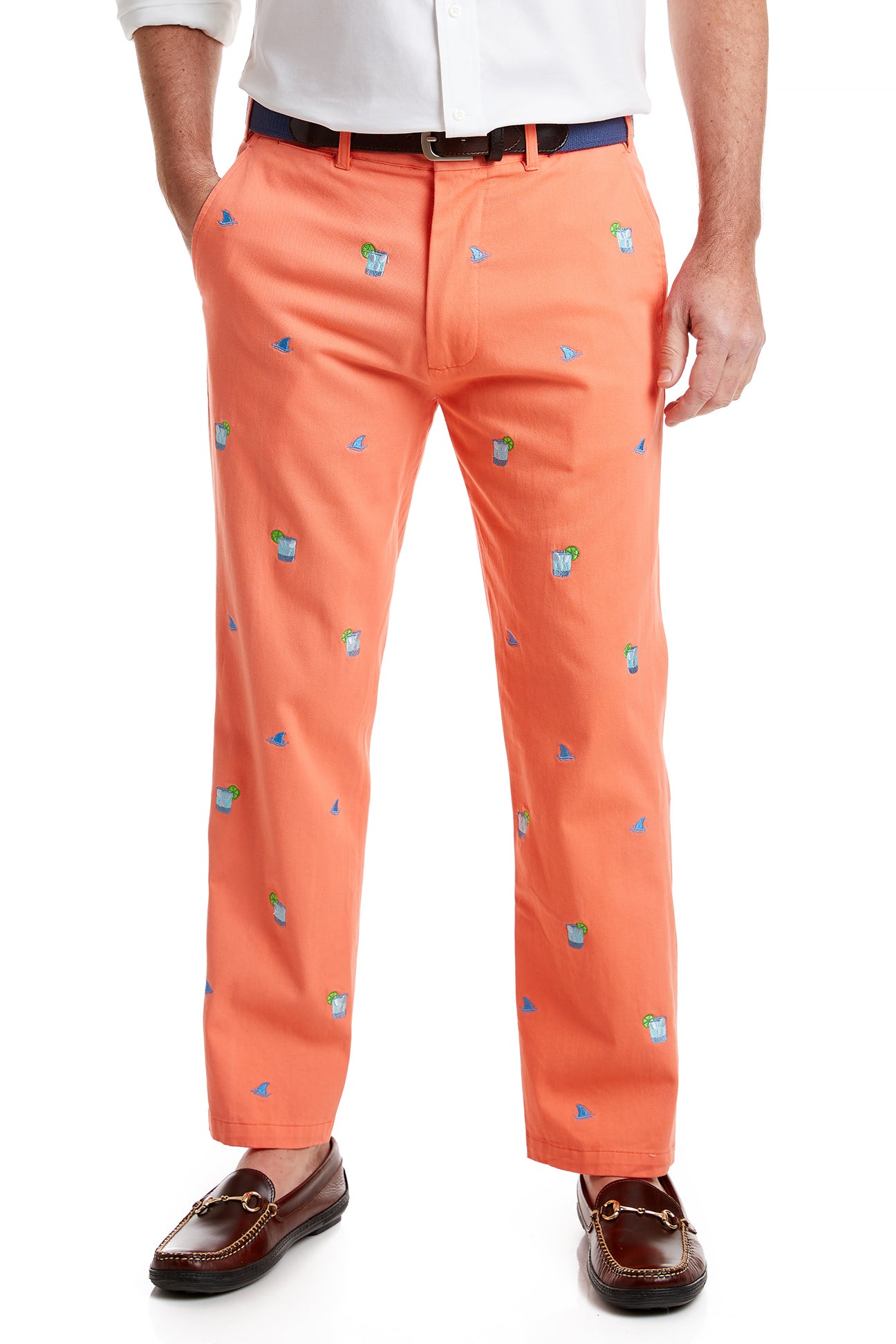Harbor Pant Stretch Twill Coral with Fin & Tonic MENS EMBROIDERED PANTS Castaway Nantucket Island