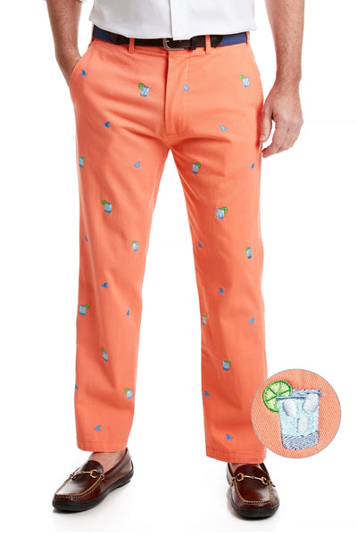 Harbor Pant Stretch Twill Coral with Fin & Tonic MENS EMBROIDERED PANTS Castaway Nantucket Island