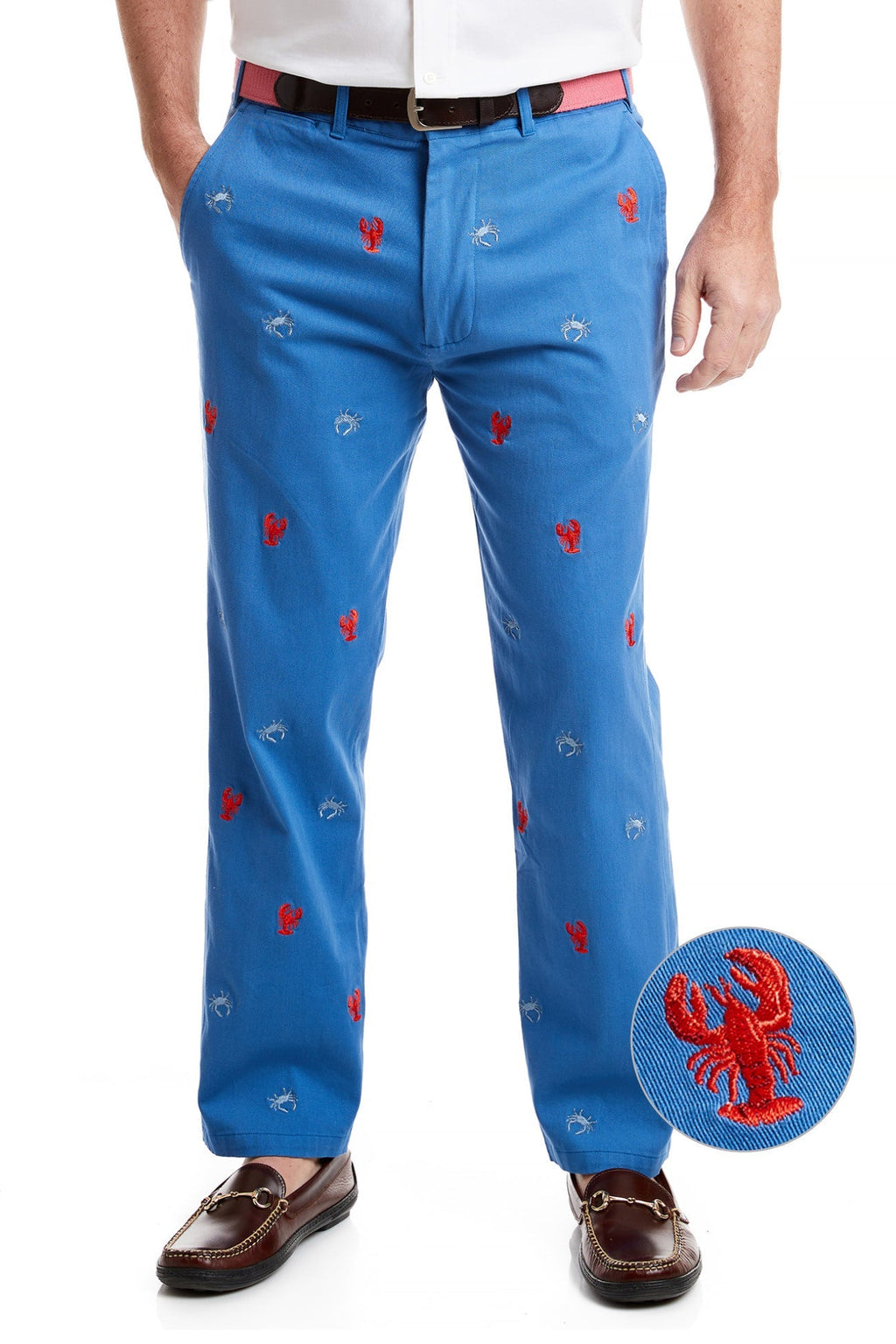 Harbor Pant Stretch Twill Deep Ocean Blue with Crab & Lobster MENS EMBROIDERED PANTS Castaway Nantucket Island