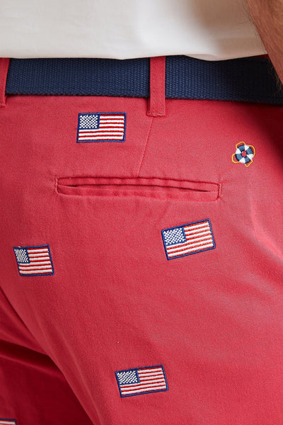 Harbor Pant Stretch Twill Hurricane Red with American Flag MENS EMBROIDERED PANTS Castaway Nantucket Island