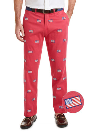 Harbor Pant Stretch Twill Hurricane Red with American Flag MENS EMBROIDERED PANTS Castaway Nantucket Island