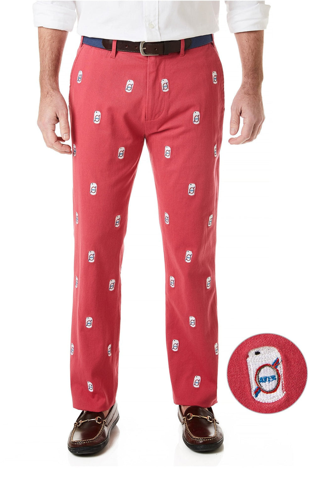 Harbor Pant Stretch Twill Hurricane Red with Beer Cans - Castaway Nantucket Island