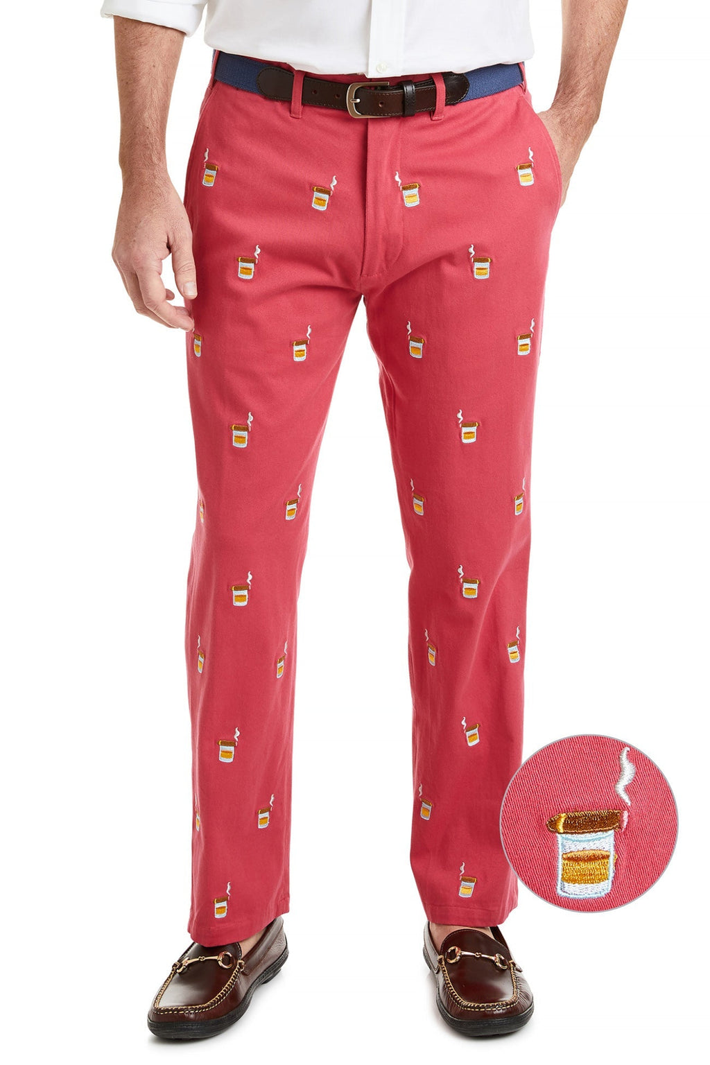 Harbor Pant Stretch Twill Hurricane Red with Scotch and Cigar MENS EMBROIDERED PANTS Castaway Nantucket Island