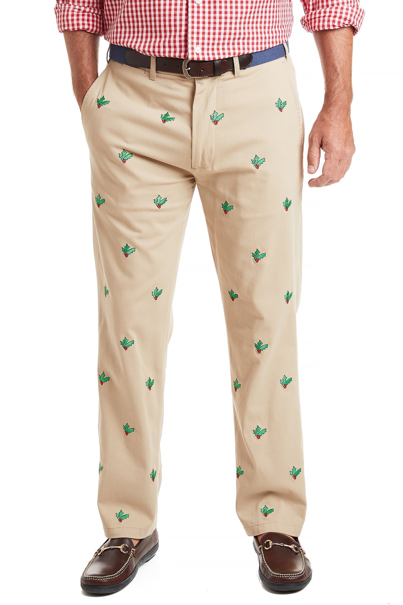 Mens Embroidered Holiday Christmas Pant Khaki with Hollyberry Castaway Nantucket Island