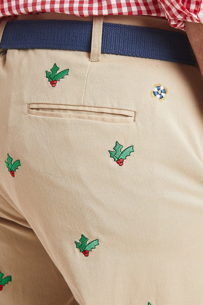 Harbor Pant Stretch Twill Khaki with Hollyberry MENS EMBROIDERED PANTS Castaway Nantucket Island