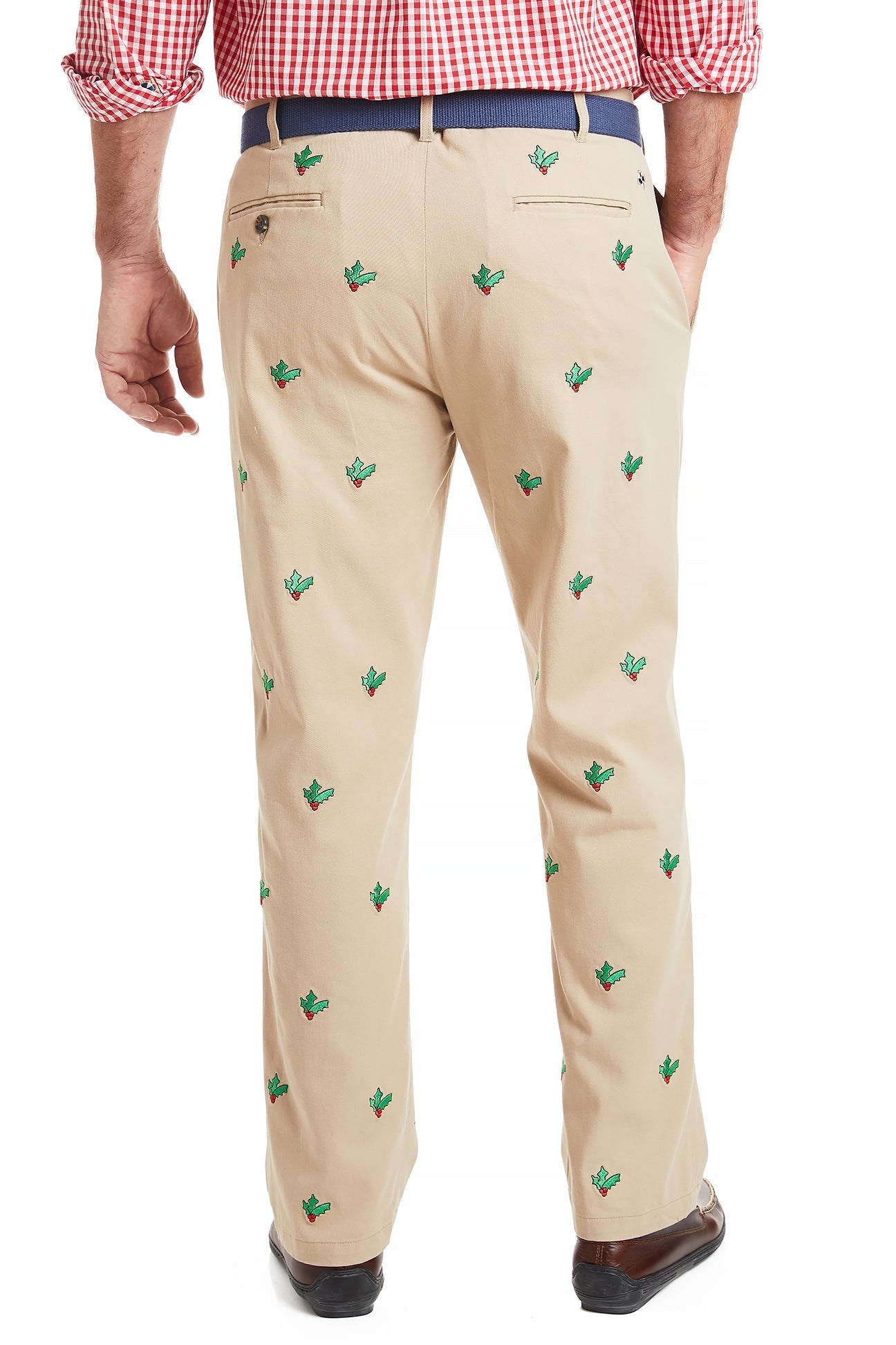 Mens Embroidered Holiday Christmas Pant Khaki with Hollyberry Mens Embroidered Holiday Christmas Pant Khaki with Hollyberry