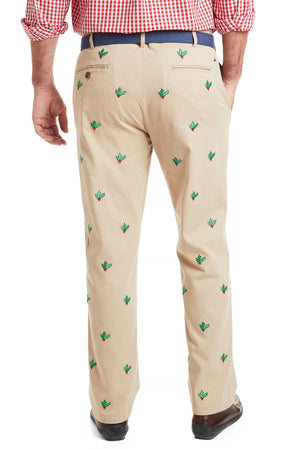 Harbor Pant Stretch Twill Khaki with Hollyberry MENS EMBROIDERED PANTS Castaway Nantucket Island