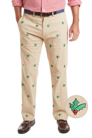 Harbor Pant Stretch Twill Khaki with Hollyberry MENS EMBROIDERED PANTS Castaway Nantucket Island