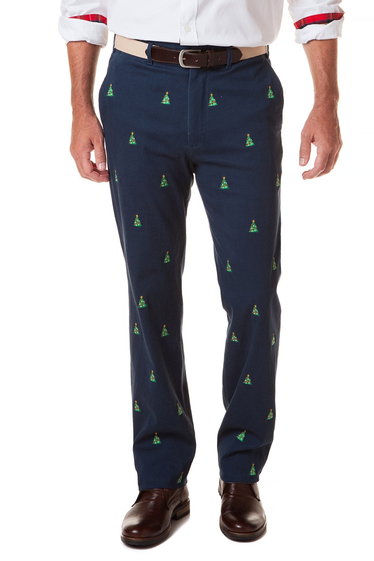 Harbor Pant Stretch Twill Nantucket Navy with Christmas Tree - MENS EMBROIDERED PANTS - Castaway Nantucket Island