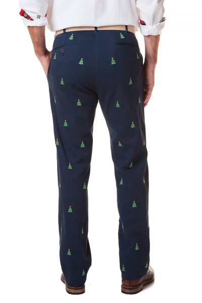 Harbor Pant Stretch Twill Nantucket Navy with Christmas Tree - MENS EMBROIDERED PANTS - Castaway Nantucket Island