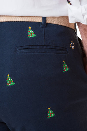 Harbor Pant Stretch Twill Nantucket Navy with Christmas Tree - MENS EMBROIDERED PANTS - Castaway Nantucket Island