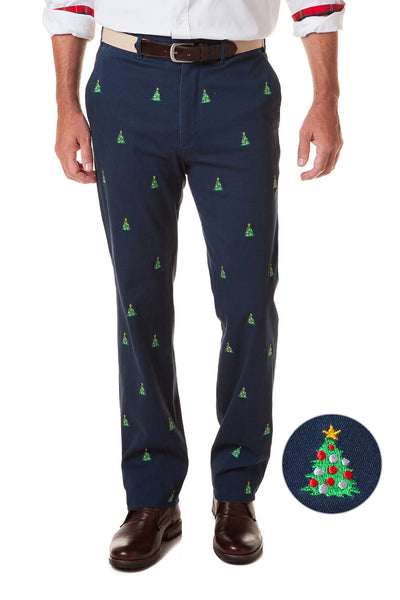 Harbor Pant Stretch Twill Nantucket Navy with Christmas Tree - MENS EMBROIDERED PANTS - Castaway Nantucket Island