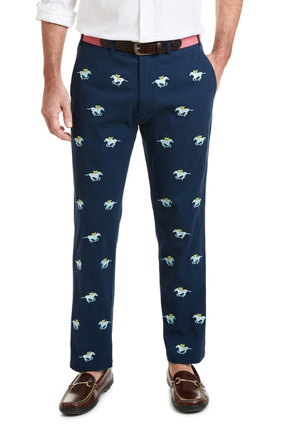 Harbor Pant Stretch Twill Nantucket Navy with Pastel Racing Horses MENS EMBROIDERED PANTS Castaway Nantucket Island