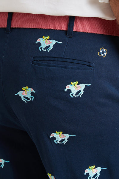 Harbor Pant Stretch Twill Nantucket Navy with Pastel Racing Horses MENS EMBROIDERED PANTS Castaway Nantucket Island