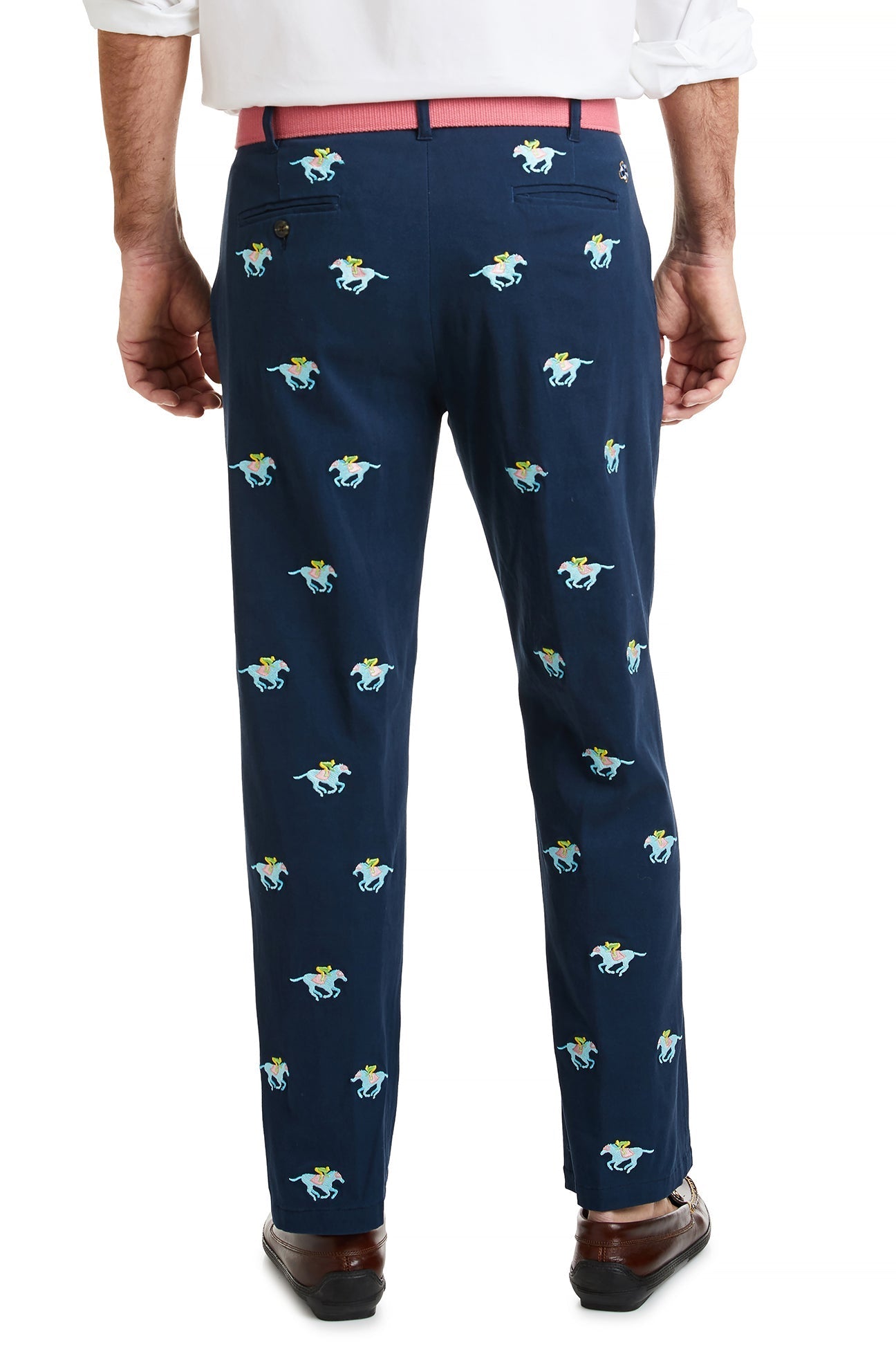 Harbor Pant Stretch Twill Nantucket Navy with Pastel Racing Horses MENS EMBROIDERED PANTS Castaway Nantucket Island