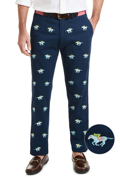 Harbor Pant Stretch Twill Nantucket Navy with Pastel Racing Horses MENS EMBROIDERED PANTS Castaway Nantucket Island