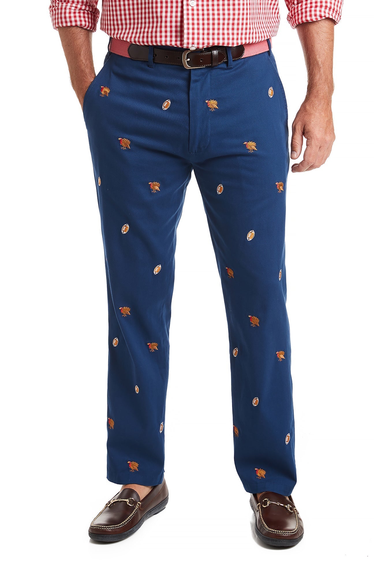 Harbor Pant Stretch Twill Nantucket Navy with Turkey & Football Pants Castaway Nantucket Island