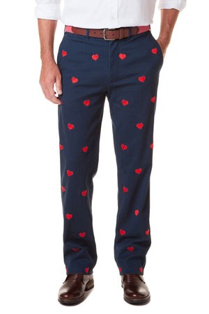 Harbor Pant Stretch Twill Navy with Hearts - MENS EMBROIDERED PANTS - Castaway Nantucket Island