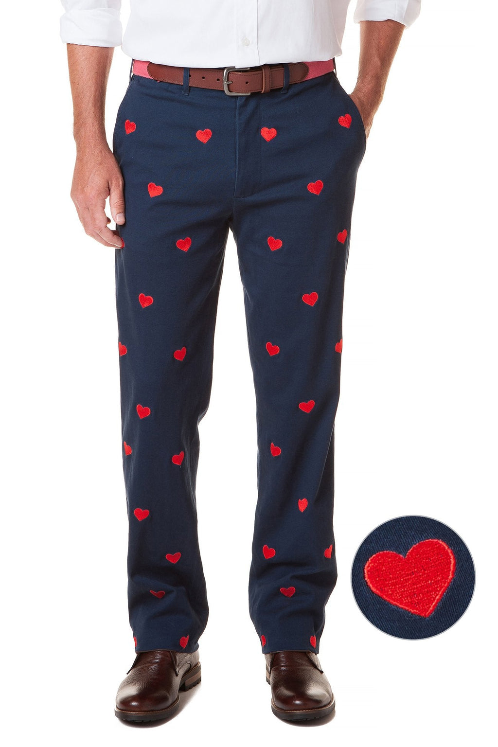 Harbor Pant Stretch Twill Navy with Hearts - MENS EMBROIDERED PANTS - Castaway Nantucket Island
