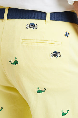 Harbor Pant Stretch Twill Neon Yellow with Whale and Jolly Roger MENS EMBROIDERED PANTS Castaway Nantucket Island