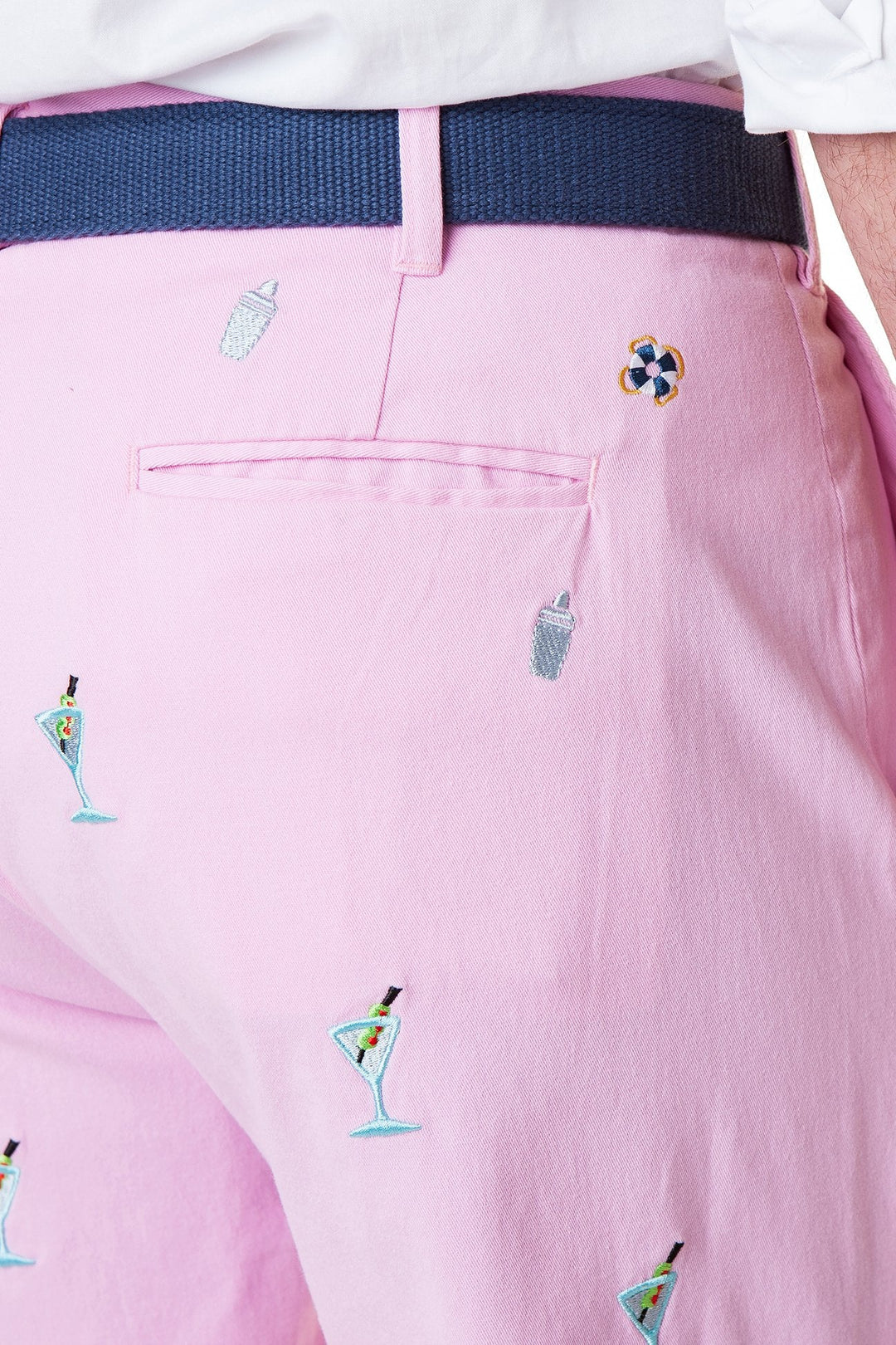 Castaway Mens Embroidered Pant Twill Pink with Martini & Shaker