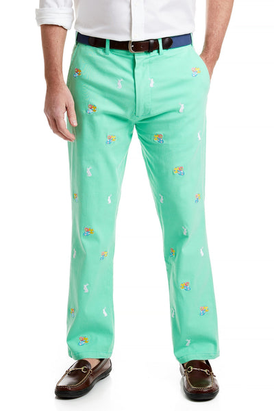 Harbor Pant Stretch Twill Spring Green with Easter Eggs & Bunny MENS EMBROIDERED PANTS Castaway Nantucket Island