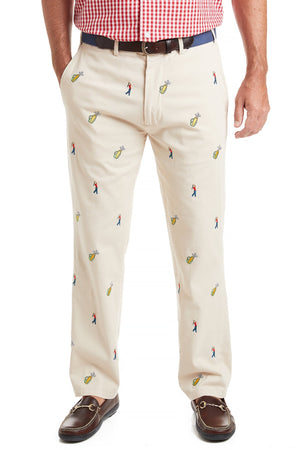 Harbor Pant Stretch Twill Stone with Golfer and Bag MENS EMBROIDERED PANTS Castaway Nantucket Island