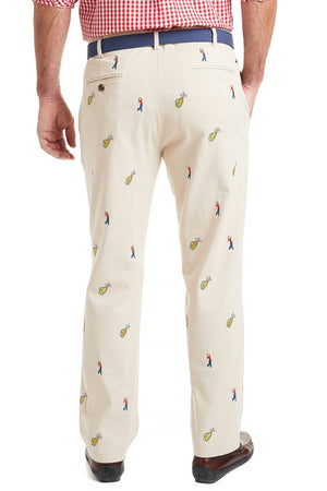 Harbor Pant Stretch Twill Stone with Golfer and Bag MENS EMBROIDERED PANTS Castaway Nantucket Island