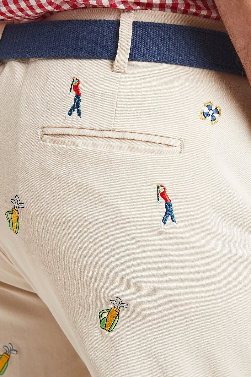 Harbor Pant Stretch Twill Stone with Golfer and Bag MENS EMBROIDERED PANTS Castaway Nantucket Island