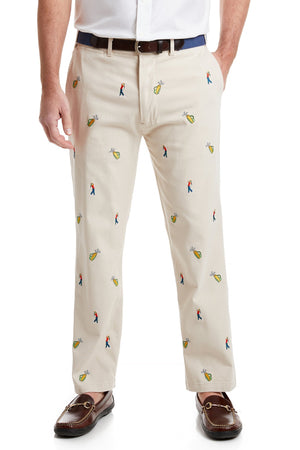 Harbor Pant Stretch Twill Stone with Golfer and Bag MENS EMBROIDERED PANTS Castaway Nantucket Island